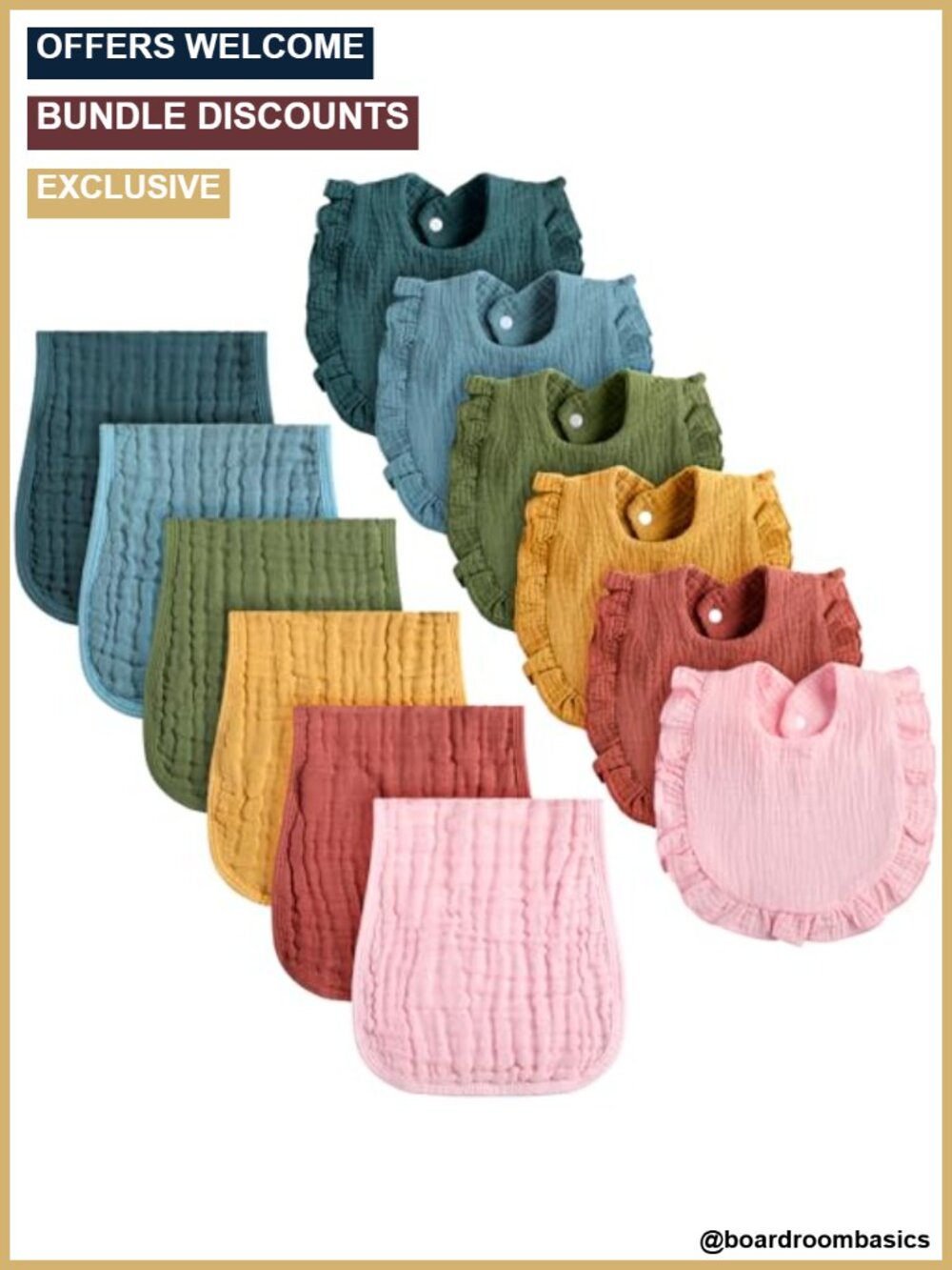 12 Pc Organic Cotton Muslin Bibs and Burp Cloths Set Snap
